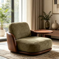 Table d'appoint intégrée en fibre de verre à grain de bois, chaise longue individuelle avec revêtement en daim vert olive pour salon moderne