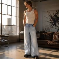 Jeans Premium Coupe Décontractée pour Homme, Pantalon en Denim Ample à Jambes Larges, Lavage Vintage, Style Skater Streetwear, Bleu Clair, Pantalon en Coton Oversize