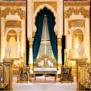 Mughalai Theme Stage for Muslim <b>Wedding</b> Reception Traditional Rajwada <b>Wedding</b> Stage Traditional Golden Stage With Window <b>Frames</b> - Product Image 1