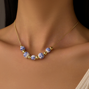 18-каратное Золотое ожерелье из нержавеющей стали винтажный синий фарфор кулон китайская керамическая бижутерия традиционное элегантное женское ожерелье - Product Image 6