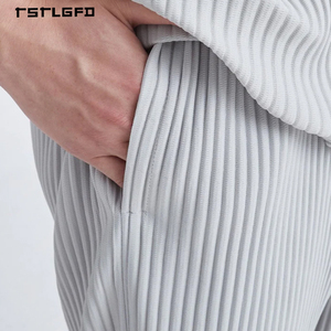 High Quality Men Pleated <b>Trousers</b> Vertical Ribbed Pants <b>Light</b> Grey Relaxed Fit Minimalist Streetwear Casual Straight Leg Pants - Product Image 3