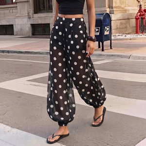 Polka Dot Breathable Chiffon Wide Leg Mid <b>Waist</b> Sheer Babushka <b>Trousers</b> <b>Elastic</b> Casual Summer Beach Wear - Product Image 3