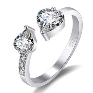 Women Mirco Pave Moissanite Diamond <b>Ring</b> <b>Adjustable</b> <b>Silver</b> Plated Double Heart Cubic Zirconia Wedding Engagement <b>Ring</b> - Product Image 6