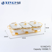 XINGPAI Chauffe-Plats de Buffet en Céramique Blanche Haute Qualité, 3 x 1L, Chafing Dish Noir avec Couvercle en Verre pour Hôtellerie et Restauration