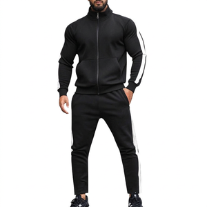 Men's <b>Black</b> Tracksuit Full <b>Zip</b> <b>Hoodie</b> With White Stripes Solid Color Casual Sportswear Autumn Wear Breathable Polyester Material - Product Image 1
