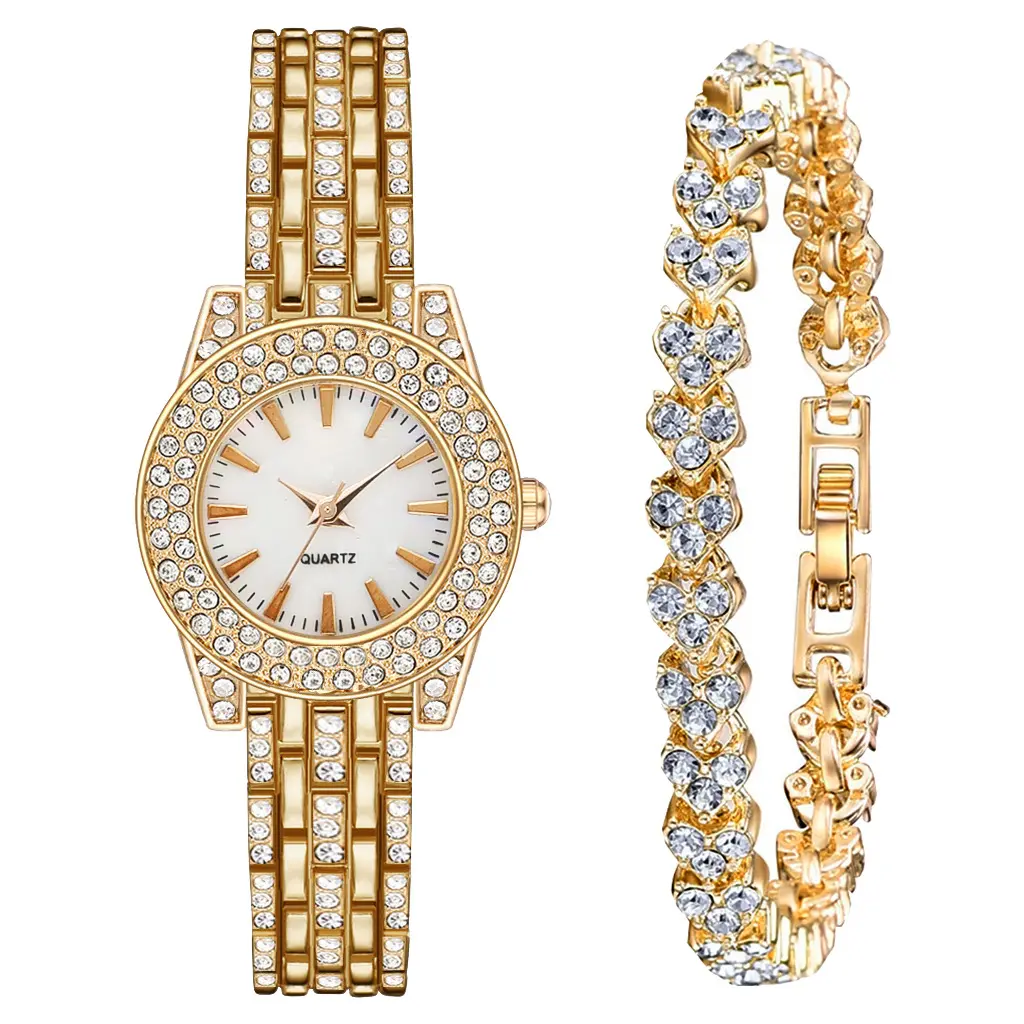 Hot Selling Luxurious Diamond Encrusted Bracelet Quartz Wrist Watches Set Women's Watch Bracelet Set For Gift With Box
