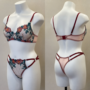 Set <span class=keywords><strong>Reggiseno</strong></span> e Perizoma in Pizzo Floreale Ricamato per Donna, Spalline <span class=keywords><strong>Bordeaux</strong></span>, Lingerie Due Pezzi S M L - Product Image 1