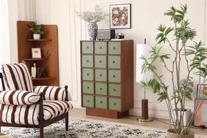 Armoire de rangement latérale en bois massif de style Mid-Century Modern vert avec un design étoilé unique pour l'ameublement de la maison - Product Image 2