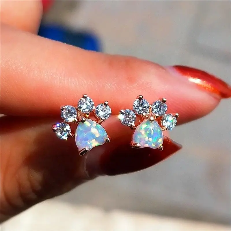 White Blue Pink Opal Heart Stone Earring Cute Cat Paw Dog Claw Stud Earrings For Women Wedding Rose Gold Silver Color Earrings