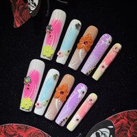 TK Faux Ongles Longs Carrés Faits Main à Presser, Motifs Floraux 3D Colorés, Tendance Printemps 2026, Vente Chaude