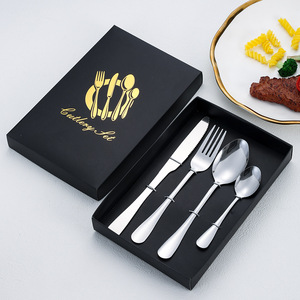 Juego de 4 piezas de cuchillo, tenedor y cuchara de acero inoxidable 1010, utensilios dorados para carne y postre, en caja de regalo. - Product Image 3