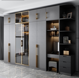 Juego de Armario Gris de Alta Gama Trlife con Detalles en Vidrio y Dorado Escritorio Integrado Almacenamiento Inteligente Muebles de Dormitorio Modernos - Product Image 4