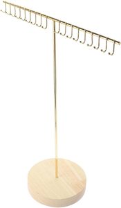 T Shape Golden Metal Multi Hook Jewelry Storage Stand Round Wood Base Desktop Necklace Earring Retail <b>Display</b> <b>Rack</b> - Product Image 5