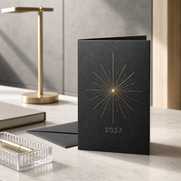Carte de vœux personnalisée 2027 en papier nacré noir anthracite avec motif étoile géométrique doré et enveloppe, impression de logo OEM
