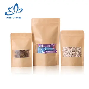 High Quality Stand Up Grease Proof Brown Pouch Wholesale Flat Bottom 3 Layers Kraft Paper Bag With Window