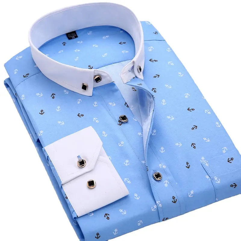 High Grade Collar and Cuff Contrast Button Down Collar Slim Fit Long Sleeve Printed Shirt For Men