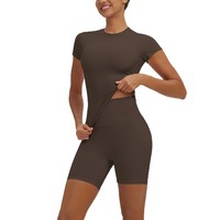 Ensemble 2 pièces respirant à taille élastique unie, short de yoga et de course taille haute, manches courtes, en Spandex/Nylon