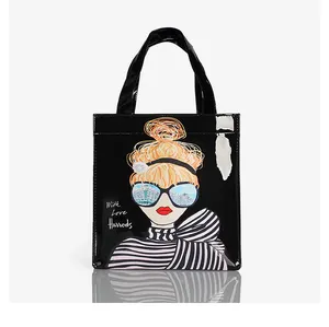 KALANTAEco Friendly Flower Tote Shopping Bag Reusable Waterproof PVC London Style Handbag For Women Lunch Shopper Shoulder Bag