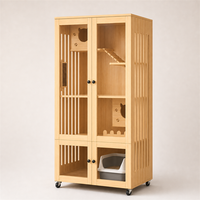Meuble-lit pour chat en bois naturel avec portes en acrylique, maisonnette d'intérieur roulante pour litière et escalade