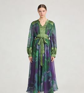 Vestido elegante de estilo europeo y americano para mujer, novedad 2025, sexy, con cuello en V, manga larga, lazo en la cintura, efecto adelgazante - Product Image 2