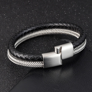 Bracciale da Uomo di Lusso Multistrato in Acciaio Inossidabile Intrecciato <span class=keywords><strong>con</strong></span> Vera Pelle - Product Image 4