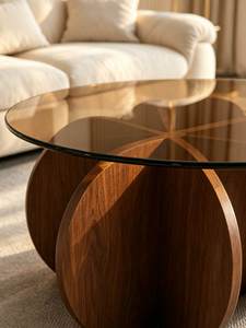 NKAHS Durable Modern Light Luxury Round Glass Coffee <b>Table</b> with Wood Frame Creative French Vintage Design Living Room Furniture - Product Image 2