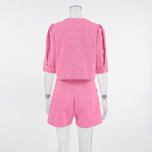 Jacquard di lusso 2024 estate nuovo abbigliamento da donna pendolarismo da ufficio in cotone <span class=keywords><strong>rosa</strong></span> mezza manica Top corto e <span class=keywords><strong>pantaloncini</strong></span> da donna - Product Image 5