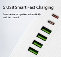 Stopkontak Ekstensi 5 Soket Brasil yang Tahan Lama dengan 4 Port USB dan 2 Port Tipe-C, Arus Terukur 10A untuk Manajemen Daya yang Efisien