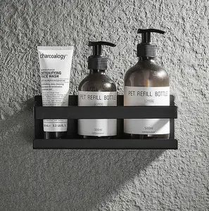 Self Adhesive Wall Mounted Black Stainless Steel Bathroom Shower Caddy Basket Shelf Rack Shampoo Holder Organizer With Hooks