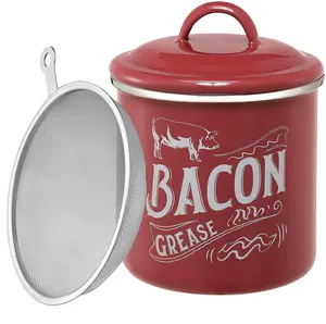 Cute Bacon Grease Container with Strainer Durable Grease Can White Metal Bacon Grease Holder with Gold Strainer 40 OZ