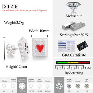 Pass Diamond Tester Moissanite Poker Stud Boucles d'oreilles Or blanc Argent sterling 925 Lab Mossanite Émail Coeur rouge et Club noir - Product Image 6