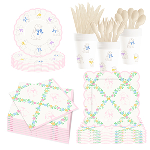 DAMAI Easter Party Theme Decor Bulk Wholesale Set Colorful Flower Chain Paper Plates Tablecloth Party Disposable Tableware - Product Image 2