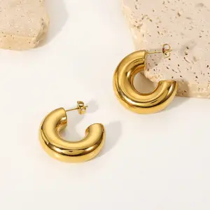 Fashion C shape chunky hoop gold earring stainless steel stud earrings for women