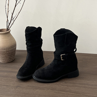 Bottes mi-mollet souples pour femmes, talon compensé dissimulé, en daim avec bride à boucle, style western à découpe en V, 3 couleurs.