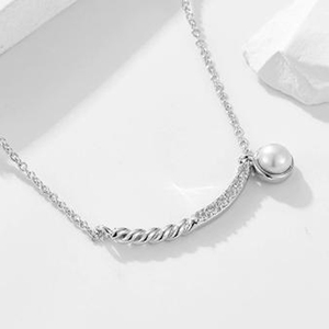 Copper Twisted <b>Rope</b> CZ Bar Freshwater Pearl Charm Necklace Curved Horizontal Minimalist Jewelry for Women - Product Image 2