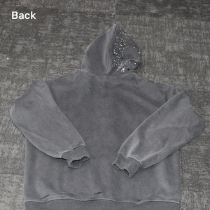 Men's Gray Rhinestone Hooded Zip-Up Sweatshirt Oversized Casual Autumn Wear 100% Cotton Vintage Washed Hoodie for Men - Product Image 3