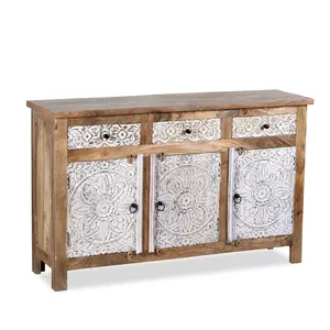 Mango Wooden white Carving 3 Door & Drawers Sideboard 100% Solid Mango Wood Handmade Bulk Product storage cabinet furniture