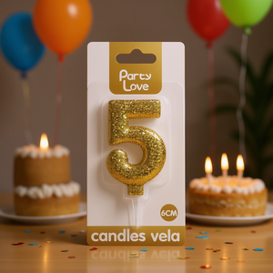 Candela Numero 5 con Glitter Dorato per Feste, Candele di Compleanno da 6 Cm - Product Image 1