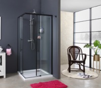 Cabine de douche coulissante carrée chromée 90x90 avec cadre, verre trempé 6 mm, roulettes ovales en laiton