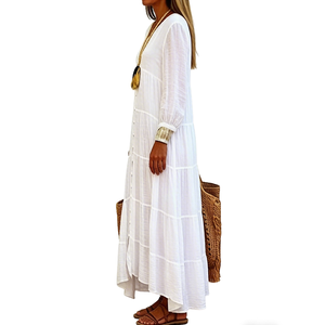 Abito <span class=keywords><strong>Lungo</strong></span> a Strati <span class=keywords><strong>Bianco</strong></span> Personalizzato OEM per Donna, Scollo a V, Maniche Lunghe, Stile Boho, Casual, Fluido, per Vacanze al Mare e Resort Estivi - Product Image 3