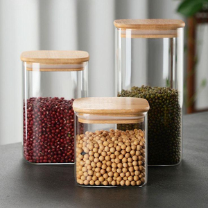 Household Square Glass <b>Storage</b> <b>Containers</b> Bamboo Lid 301-400ml Capacity Air-Tight <b>Stackable</b> for Tea Seasoning Cross-Border Food - Product Image 1