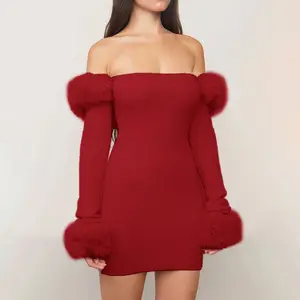 Enyami Xmas parti kulübü lüks moda ince kürk uzun kollu askısız örme Bodycon bayanlar kadınlar için seksi Mini elbiseler