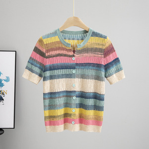 Cardigã Feminino de Tricô Fino Estilo Coreano com Decote V Elegante e Listras Coloridas para o Verão - Product Image 1