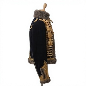 Men's Gothic Double Breasted <b>Woolen</b> Jacket With Fur Collar And Gold Embroidered Skeleton Design Winter Hussar Jacket - Product Image 4