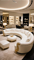 Conjunto de sofá blanco curvo seccional en forma de C, conjunto de sofá blanco y dorado de gran tamaño, recepción en el vestíbulo del hotel, combinación circular