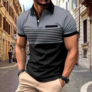 Camiseta de Verano Nueva para Hombre, Ajustada, Formal, con Combinación de Colores, Tejida, Transpirable, con Botones en el Pecho, Estampada a Rayas, de Manga Corta - Product Image 3