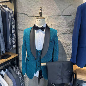 Abito da Sposo Tre Pezzi su Misura 2025, Taglie Forti, Traspirante, Alla Moda, Nero Lucido con Jacquard Floreale - Product Image 2