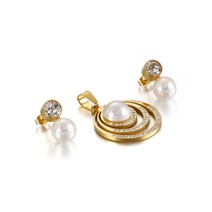 Popular Famous <b>Crystal</b> Round Stainless Steel Pearl Earring Necklace <b>Set</b> - Product Image 4
