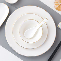 Service de vaisselle en porcelaine de luxe de qualité commerciale avec bordure dorée, 4/8 pièces, ensemble en céramique Horeca pour hôtel, restaurant et compatible lave-vaisselle