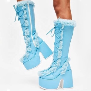 Bottes hautes en fourrure pour femme, style western, automne/hiver, à lacets, à talons épais et carrés, bout rond, plateforme tendance - Product Image 1